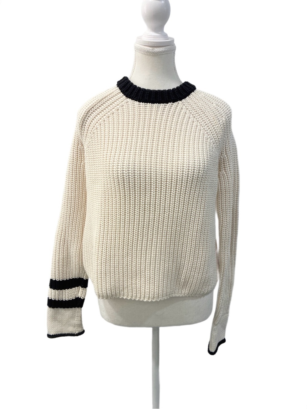 rag & bone Cream Cotton Crewneck Sweater with Black Trim Size Small